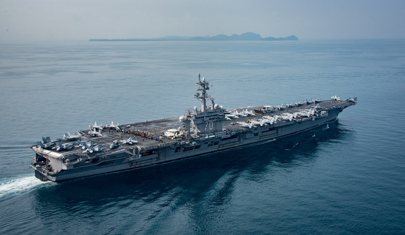 The aircraft carrier USS Carl Vinson (CVN 70) transits the Sunda Strait near Indonesia on April 14, 2017 (U.S. Navy photo by Mass Communication Specialist 2nd Class Sean M. Castellano/Released)